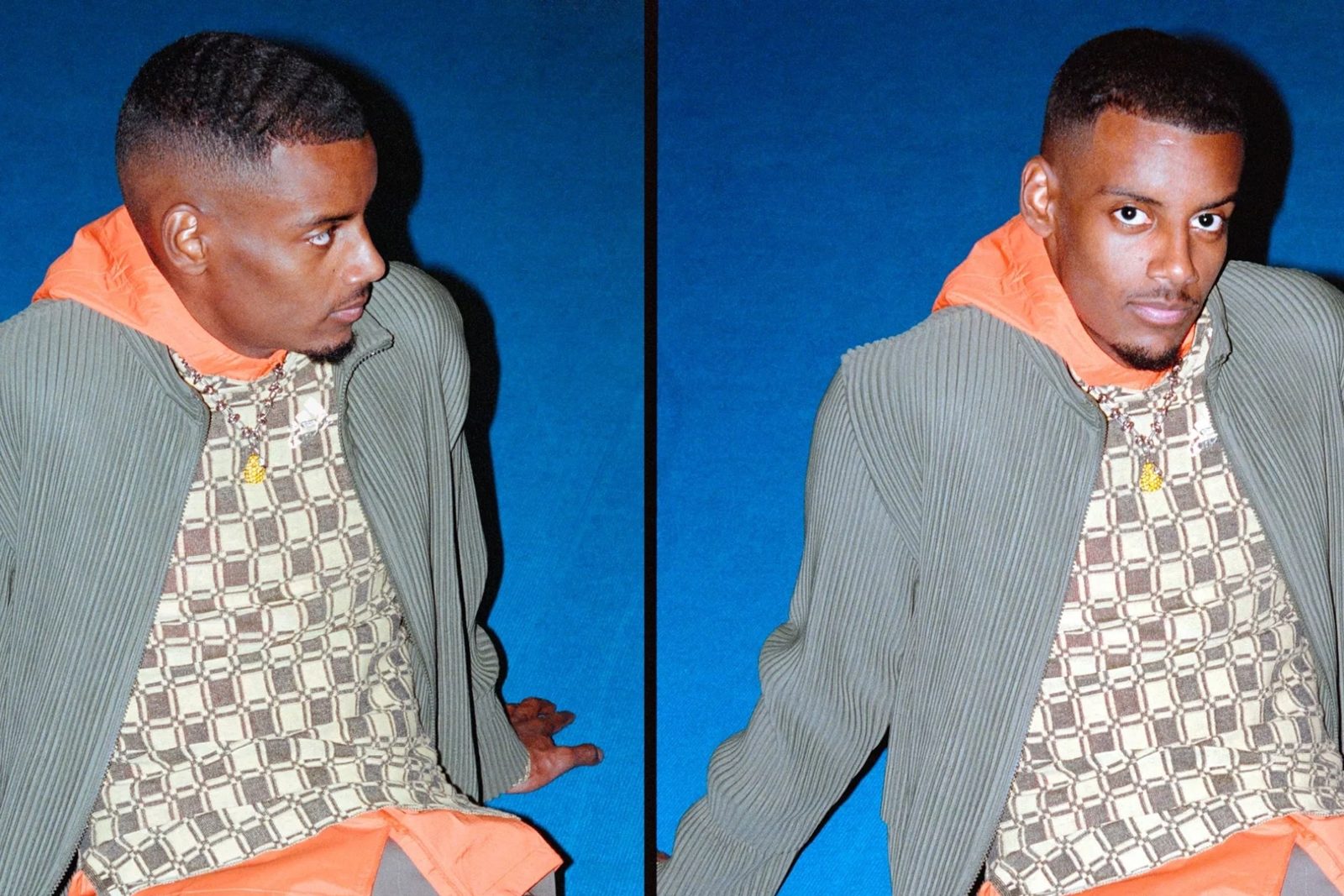 Two photographs of Alexander Isak in a grey ribbed cardigan over a patterned knit and an orange hoodie, against a blue backdrop