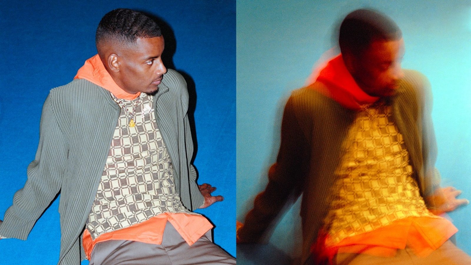 Alexander Isak in a ribbed cardigan and orange hoodie against a blue backdrop, beside a motion-blurred second take on turquoise